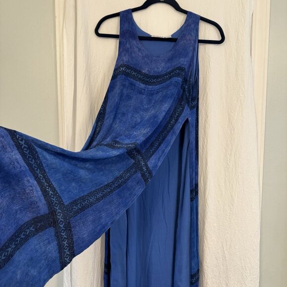 Chico's 90s Sleeveless Maxi Dress Artsy Boho Lagenlook Pockets Blue One Size - Picture 15 of 16